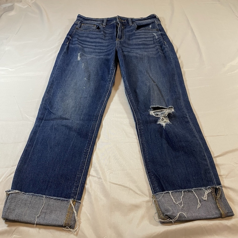 Old Navy Power Jean Perfect Straight Ankle Distressed Raw Hem Blue Denim 4